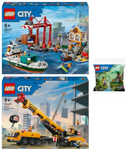 Lego City Set: 60422 Hafen mit Frachtschiff, 60409 Mobiler Baukran & 30665 Dschungelforscher mit Baby-Gorilla