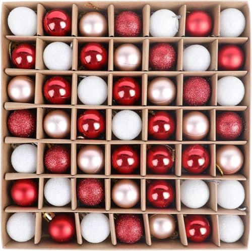 DERAYEE Boules Noël Rouge,Blanc,Or Rose,Décoration Noël Intérieur,Kit Kecoration Sapin de Noel,Lot de 49 Boules de Noël pour Sapin,Boule de Noël