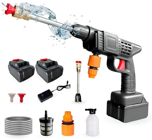 Pistola de Alta Presión. Limpiador de Alta Presión Portátil 35Bar/500PSI y 1500mAh/300W y 2 Baterías 48V. Set de Pistola Hidrolimpiadora Inalámbrica, Recargable para Limpiar Coche, Terraza, Jardín.