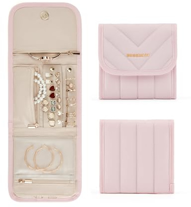 BAGSMART Travel Jewelry Organizer Case, Foldable Jewelry Roll for Necklaces, Earrings, Journey-Rings, Bracelets, Brooches, Portable, Pink