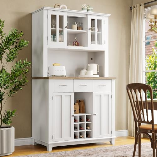 Lexiou Armario Alto de Cocina Con Estantes Ajustables, Aparador Con Iluminación LED y Cajón Blanco
