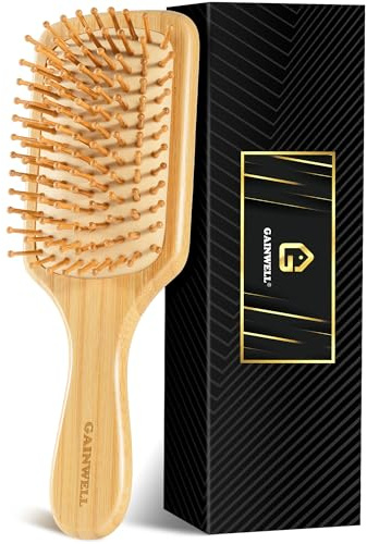 GAINWELL Bamboo Hair Brush for Hair Growth, Natural Bamboo Bristles Detangling Square Wooden Paddle Hairbrush for Massaging Scalp, for Women Men and Kids, for All Hair Types, with Ergonomic Handle