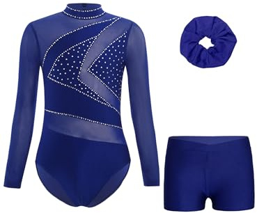 Miaeowve Barn flickor gymnastikdräkt strass glitter gymnastikdräkt långärmad balett body med hårband shorts konkurrens danskläder, Marinblå, 122-128