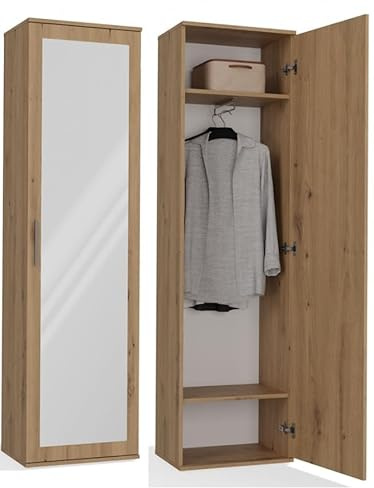 BDW Artisan - Armario doble con espejo, armario moderno, multifuncional, para pasillo, dormitorio, habitación infantil, 180 x 50 x 35 (profundo), color roble