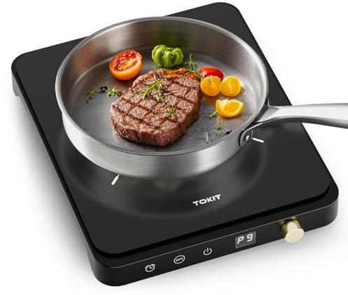 TOKIT Placa De Inducción 2000W, Placas Eléctricas M2 Con 9 Niveles De Potencia, Mando Giratorio, Temporizador De 90 Minutos, Ultrafina De 40 MM, Negro, Para Cocina, Dormitorio Y Camping