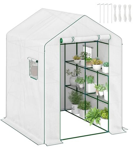 Outsunny Serre de Jardin PE avec étagères 3 Niveaux, Serre de Balcon, bâche renforcée 135 g/m², châssis en Acier, Porte zippée Enroulable, pour légumes Plantes Fleurs, 140x143x190cm, Blanc