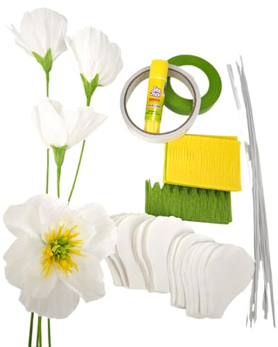 White Crepe Paper Poppy Flower DIY Making Kit for Home Table Centerpieces Decoration Office Wedding 24 pcs