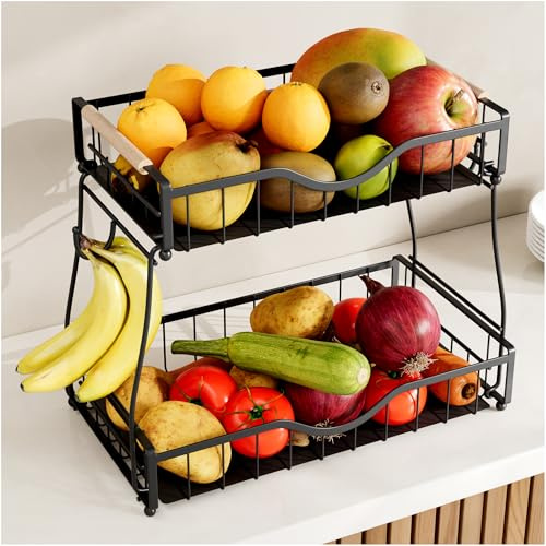 THKVESN 2 Tier Fruit Basket with 2 Banana Hangers, Fruit Bowl for Kitchen Countertop with 2 Wooden Handle, Detachable Metal Fruit Holder for Vegetable Bread with 2 Protective Pads, Black