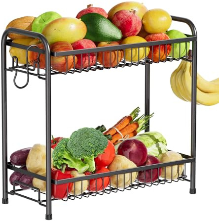 Fruit Basket for Kitchen Counter, Extra Large Fruit Bowl with Banana Hangers, 2 Tier Fruit Holder Stand Countertop Organizer for Vegetable Onion Potato Bread Snack Produce Storage and Display, Black