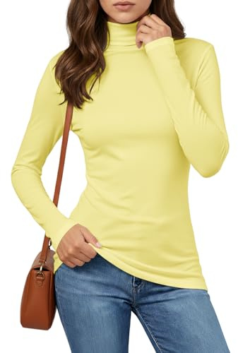 Cuptacc Camisetas Mujer Manga Larga Elegantes Cuello Alto Punto Camiseta Slim Fit Suave Basica T Shirt Sólido Estirable Top Amarillo S