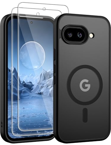 Jshru Magnetic for Pixel 9A Case,Compatible with Magsafe,with HD Screen Protectors X2, [Durable & Sturdy] Slim Translucent Protective Cover,Google Pixel 9A-Black