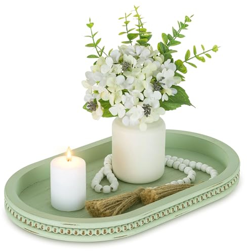 Hanobe Decorative Coffee Table Tray Sage Green Decor for Centrepiece | Oval Tray, Wooden Display Candle Plate with Beaded, Modern Farmhouse Spring Decoration for Living Room Counter