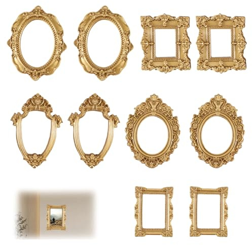 Marco de Fotos Vintage Mini, Juego de 10 Marcos Barrocos Dorados de Resina sin Cristal, para Decoración de Pared, Manualidades DIY
