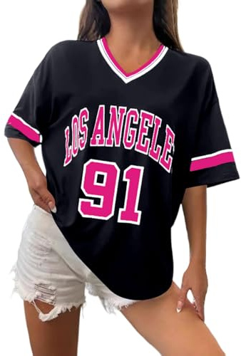 Los Angeles T-Shirt de Baseball surdimensionné Y2k pour Femme - avec Bordure Graphique à Rayures - Chemise de Loisirs - Col en V - Streetwear - Rayé - Graphique - T-Shirt décontracté - T-Shirt d'été