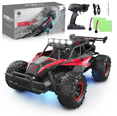 LARVEY 1:16 Scale Remote Control Car, 20 Km/h High Speed Remote Control Truck Off Road RC Monster Vehicle with LED Headlights and Chassis Lights, Electric Toy for Boys Kids and Adults