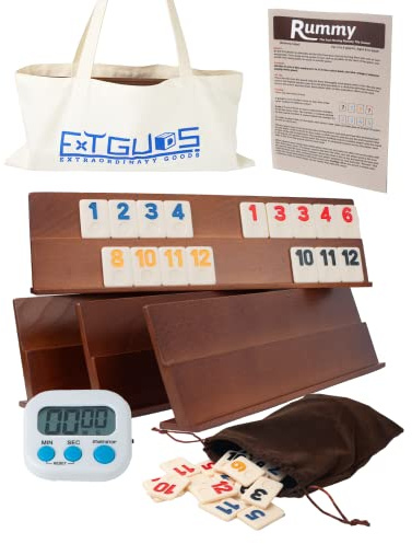 Extguds Deluxe Rummy Cube Game Set, 106 Spielsteine Klassisches Holzspiel, mit 4 handgefertigten Holzregalen, tragbare Canvas-Tasche, Reiseset