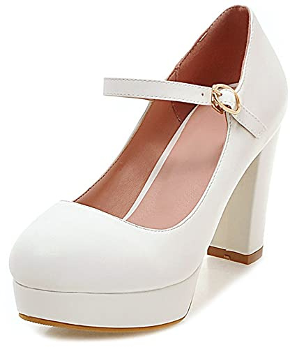 Gicoiz Calzado Correa de Tobillo Tacón Ancho Zapatos Mujer Elegante Mary Jane Basic Plataforma Tacón Alto Punta Rojoonda Moda Boda Vestido Blanco Talla 37 EU-38Cn