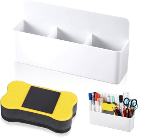 Stifthalter Magnetisch, 3 Fächer Magnetischer Stiftehalter mit Whiteboard Schwamm, Marker Halter Pen Container Spind Organizer für Kühlschrank Whiteboard Schließfach Hause Büro Schule, Weiß