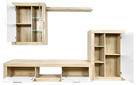 Somnia Descanso - Mueble de Salón Moderno con Leds, Módulos de Comedor, Modelo Dallas, Acabado en Blanco y Cambria, Medidas: 259 cm (Ancho) x 132,5 cm (Alto) 40 cm (Fondo)