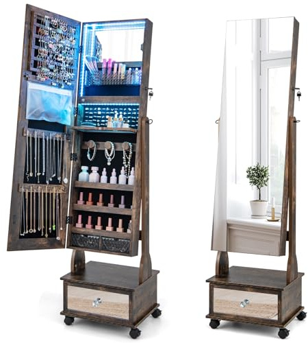 Multigot Mobile LED Jewellery Cabinet, Freestanding Lockable Jewelry Armoire with Adjustable Angles, Storage Drawer and Wheels, 3-in-1 Cosmetic Storage Organizer for Bedroom Dressing Room (Coffee)