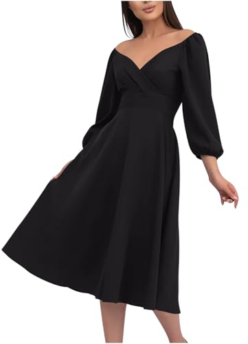 Women's V Neck Long Sleeve Smocked Solid Color Swing Dresses Waist A-Line Midi Length Trendy Party Wedding Guest Dress