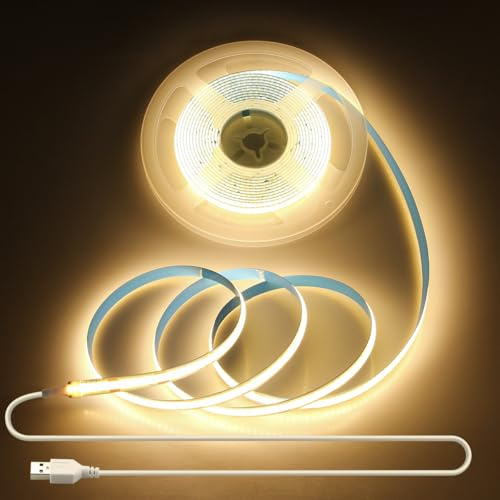Aclorol 5 V COB LED-remsa varma vita 3 000 K flexibla LED-remsor med USB-anslutning 3 m 960 lysdioder, 8 mm bred ljuslist med självhäftande för TV-bakgrundsbelysning under köksskåp, vardagsrum