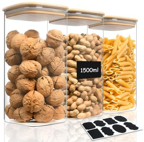 AOOTE Tarros De Bote Cristal Con Tapa,3 Pcs 1500ml Tarros de Vidrio Cocina Almacenaje con 1 pegatinas,Aptos para Lavavajillas,Botes Hermeticos Cristal para Especias,Té,Cereales,Nuez,Harina
