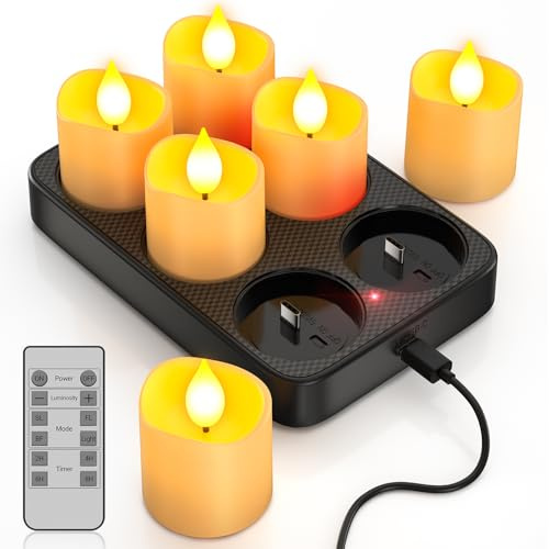 Yme Bougie Chauffe Plat LED Rechargeable avec Station de Recharge, 6 Fausse Bougies à LED Flamme Vacillante Bougie Decorative Electrique avec Télécommande pour Noel Maison Chambre Anniversaire Deco