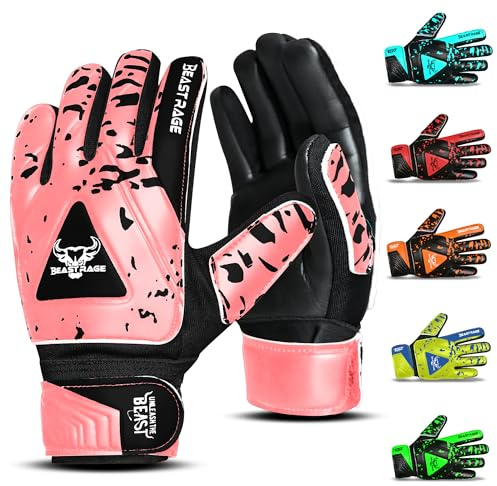 BEAST RAGE Torwarthandschuhe für Kinder Jungen Jugend,Fußballtorwarthandschuhe Kinder mit doppelter Handgelenkstütze,Starker Grip gepolsterte (Rosa, Größe 8 (M/L))