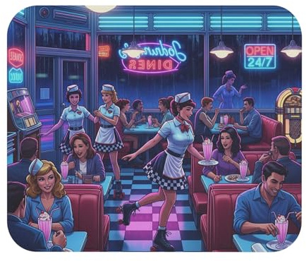 Neon-lit Retro Diner Mouse Pad 9x8 Inch with Rubber Base and Roller-Skating Waiters
