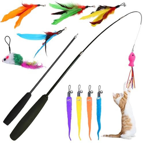 Ferizzia 12 Set di Giocattoli per Gatti, 2 Canna Pesca e 10 Ricariche Piume con Campana, Cat Teaser Wand Toy, Giochi Gatto Piume, Giocattoli Interattivo per Gatti di Tutte le Età