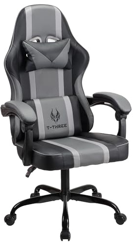T-THREE.Ergonomic high-back gaming, computer, office, study, swivel, and racing-style chair with adjustable lumbar and headrest support, 150kg weight capacity, ideal for home office(Grey)