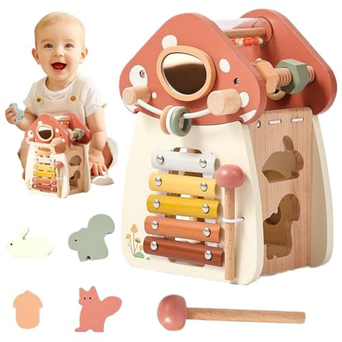 Cubo de actividades para bebés en forma de hongo 5 en 1, juguetes de madera para bebés, clasificador de formas de aprendizaje educativo, cubo de actividades para niños, niños y niñas, regalos de c.
