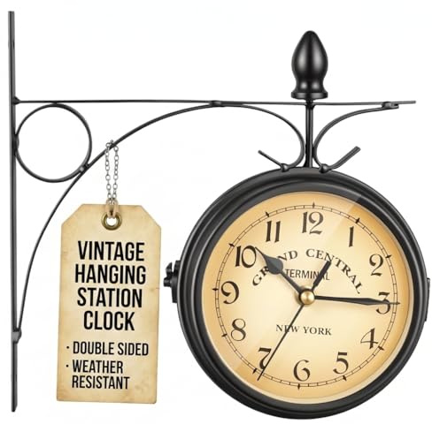 Paddington Outdoor And Indoor Double Sided Wall Clock with Metal Bracket - Analogue Design, Weather Resistant Vintage Hanging Style - Quiet Ticking Wall Clocks for Gardens, Patio, Home Décor