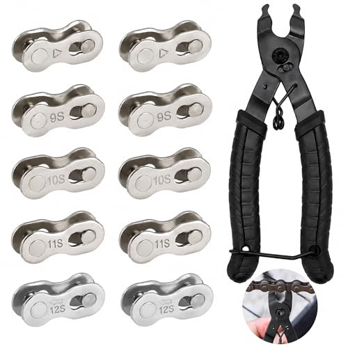 witpine Pince Maillon Chaîne Vélo avec 10 Paires de Maillons Rapides Argentés, Outil d’Entretien Transmission en Acier Haute Teneur en Carbone, pour 8 à 12 Vitesses