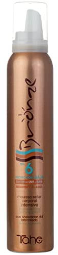 Tahe Bronze Protector Solar en Espuma Textura Mousse/Espuma Bronceadora Solar Intensiva Corporal con Activos Anticelulíticos y Reafirmantes, F.P.S. 6, 200 ml