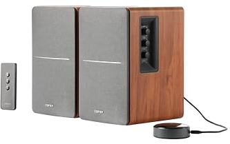 EDIFIER R1280T WiiM Mini - Enceintes bibliothèque Actives 2.0 avec WiiM Mini Inclus pour Streaming Airplay 2 Fonctionne avec Alexa & Siri - 42 W RMS - Bois