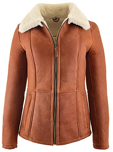 Leona Veste en peau de mouton véritable pour femme Longueur hanche Fermeture Éclair Taille 10, Whiskey, 38