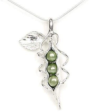Pea Pod Necklace - 3 Peas Green Freshwater Pearls and Sterling Silver - Gift Boxed with Story Card - Each Unique Handmade in USA (24 Inch Chain Length)