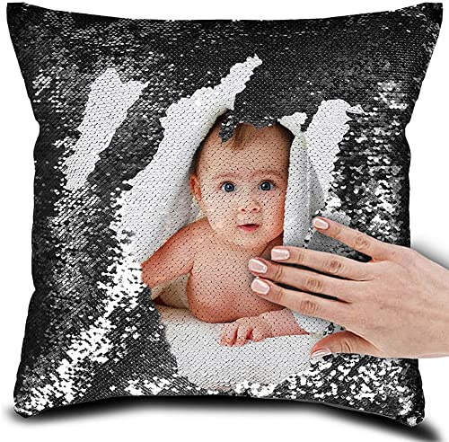 Eletizy Federa per cuscino reversibile con immagine personalizzata, foto con paillettes personalizzate, federa per cuscino con foto di animali domestici, amanti e famiglia, 40x40 cm (Nero)