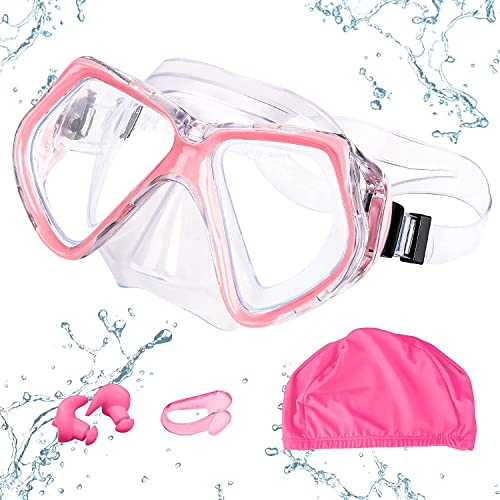 Taucherbrille für Erwachsene, Anti-Beschlag-Schwimmbrille, 180°-Ansicht, Schnorchel-Set mit Nasenklammer, Ohrstöpsel, Badekappe Schwimmbrille (Rosa)