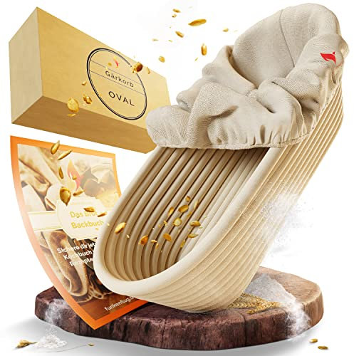 Funkenflug® Profi Gärkorb zum Brotbacken oval 28cm [NEU] - schönes Gärkörbchen mit waschbarem Leineneinsatz [inkl. köstlichen Brotrezepten] - Brotlaib wie von deinem Lieblingsbäcker - Gärkorb