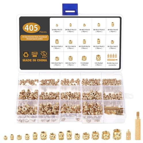 Gueenky 405 Piezas Tuercas Moleteadas de Latón, 2# 4# 6# 8# 10# 1/4-20 Tuercas de Inserción, 14 Tamaños Insertos Roscados para Moldeo por Calor o Ultrasonido en Impresora 3D, con Puntas para Soldador