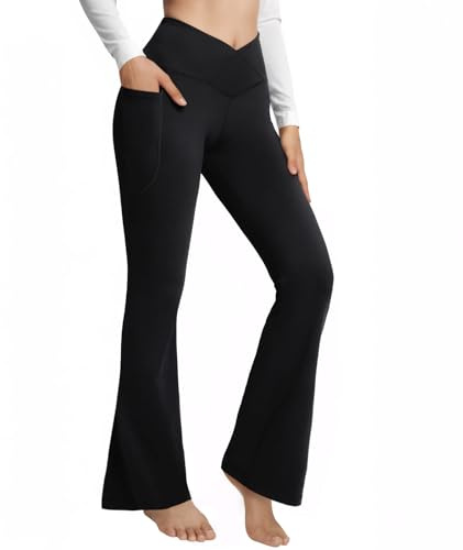 Lishang Pantalon de Yoga pour Femme Pantalon évasé Croisé Taille Haute avec Poches Yoga Pants Legging de Sport Bootcut Hosen Jogginghose
