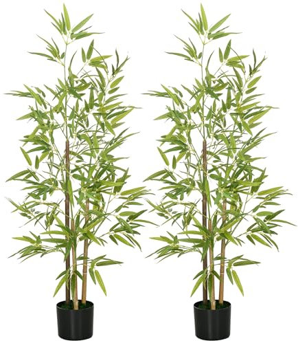 HOMCOM 2 Plantas Artificiales con Maceta Plantas Sintéticas de Bambú con 498 Hojas para Decoración en Salón Oficina Casa Ø15x120 cm Verde