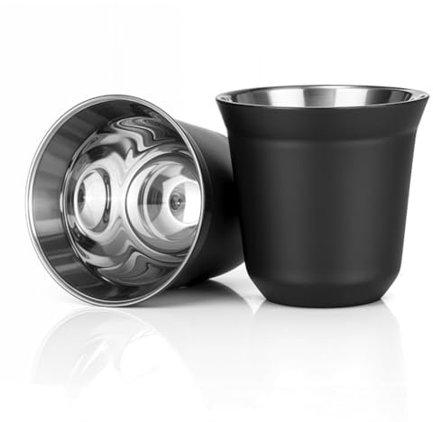 Heilanole Juego de Tazas de Café Expreso de Acero Inoxidable de 80 Ml, Paquete de 2 Tazas de Café de Acero Inoxidable 304 de Doble Pared de 2,7 Oz, Color Negro