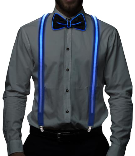 IGUGI LED Pajarita o Corbata para Hombre,LED Tirantes para Hombre,Tirantes de Iluminados de Hombr,3 Modos de Parpadeo,para Fiestas,Bares,Fiesta de Disfraces de Carnaval,Escuela（Azul）