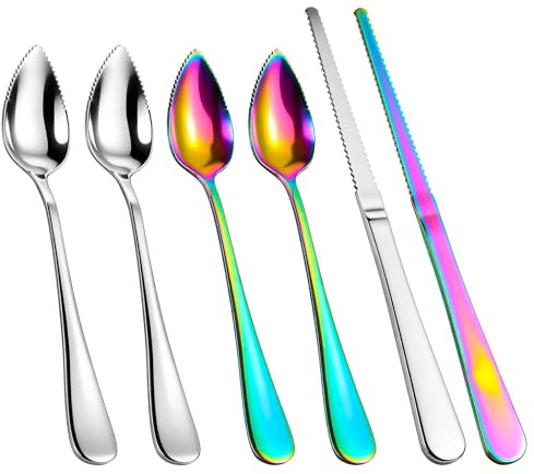 Elegaperma 6 cucchiai di pompelmo, cucchiai kiwi in acciaio inox, kiwi spoon con dente di sega, cucchiaio affilato per bacche, insalata di limone, raschietto, cucchiaio per cucina, sala da pranzo