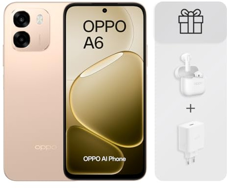 OPPO A6 4G - Smartphone Libre con IA, 6GB RAM+256GB, Batería 6500 mAh, Carga Rápida 45W, Pantalla LCD HD+ 120Hz, IP69, Cámara 50MP AI, Dual SIM, Versión Española - Dorado