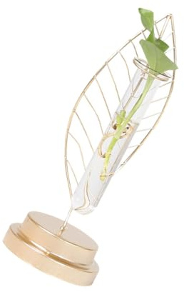 PRETYZOOM Golden Leaf Hydroponic Green Pothos Glass Flower Planter with Iron Frame, Test Tube Vase for Indoor Table Decor, Stylish Glass Plant Container for Living Room